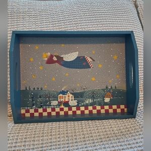Vintage Wooden Folk Art Flying Angel Serving Tray Country Winter Scene Christmas